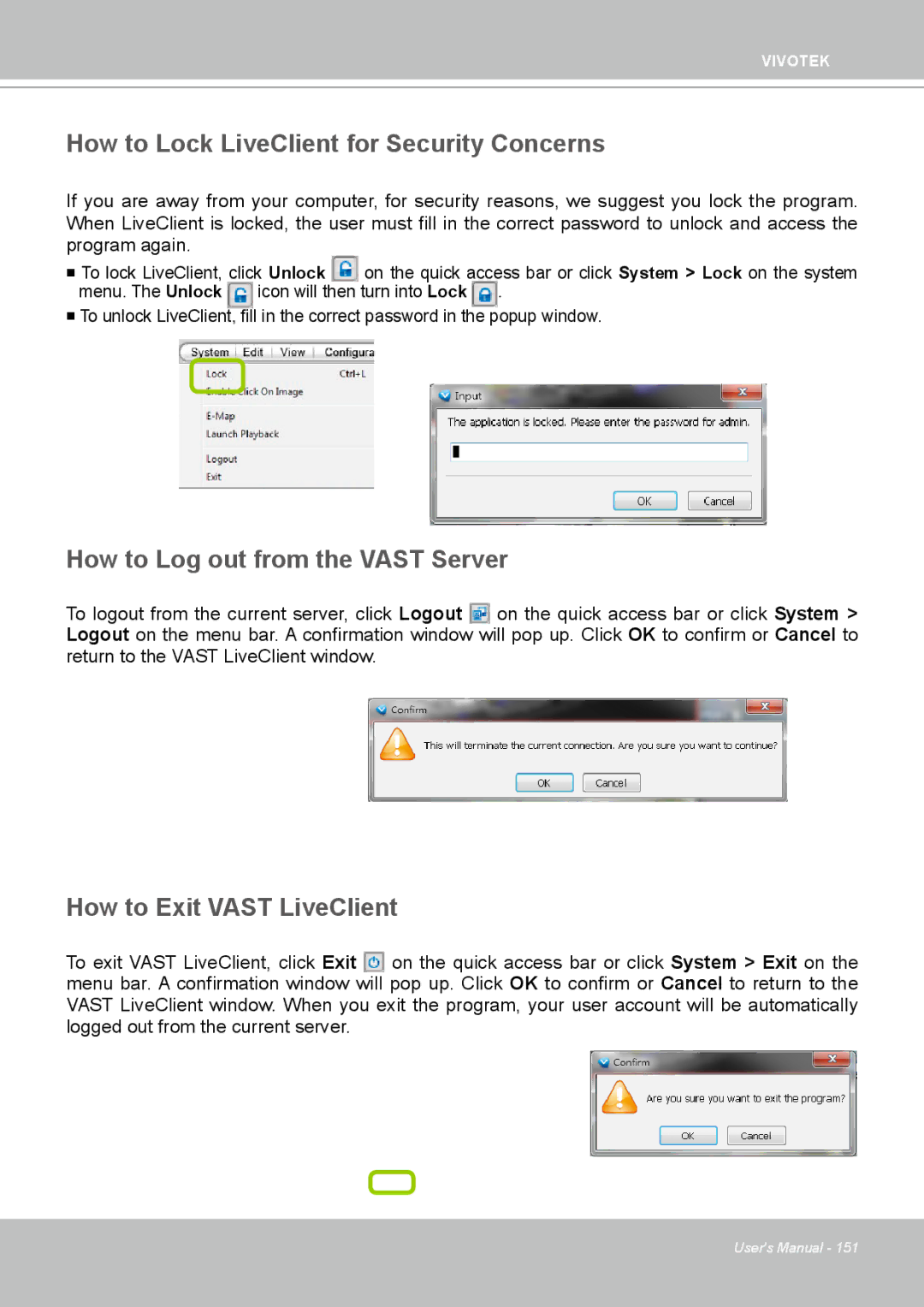 Vivotek ND4801 user manual How to Lock LiveClient for Security Concerns, How to Log out from the Vast Server 