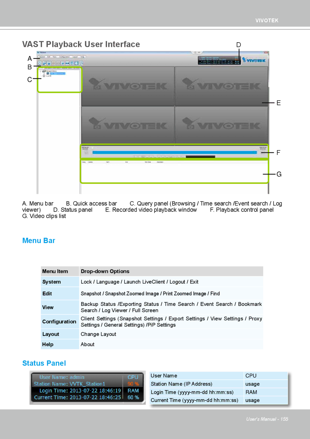 Vivotek ND4801 user manual Vast Playback User Interface, Menu Bar 
