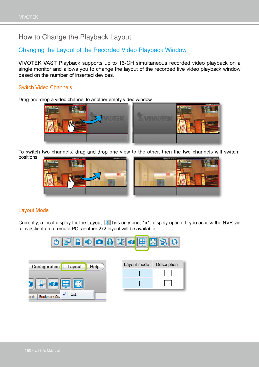 Vivotek ND4801 How to Change the Playback Layout, Changing the Layout of the Recorded Video Playback Window, Layout Mode 