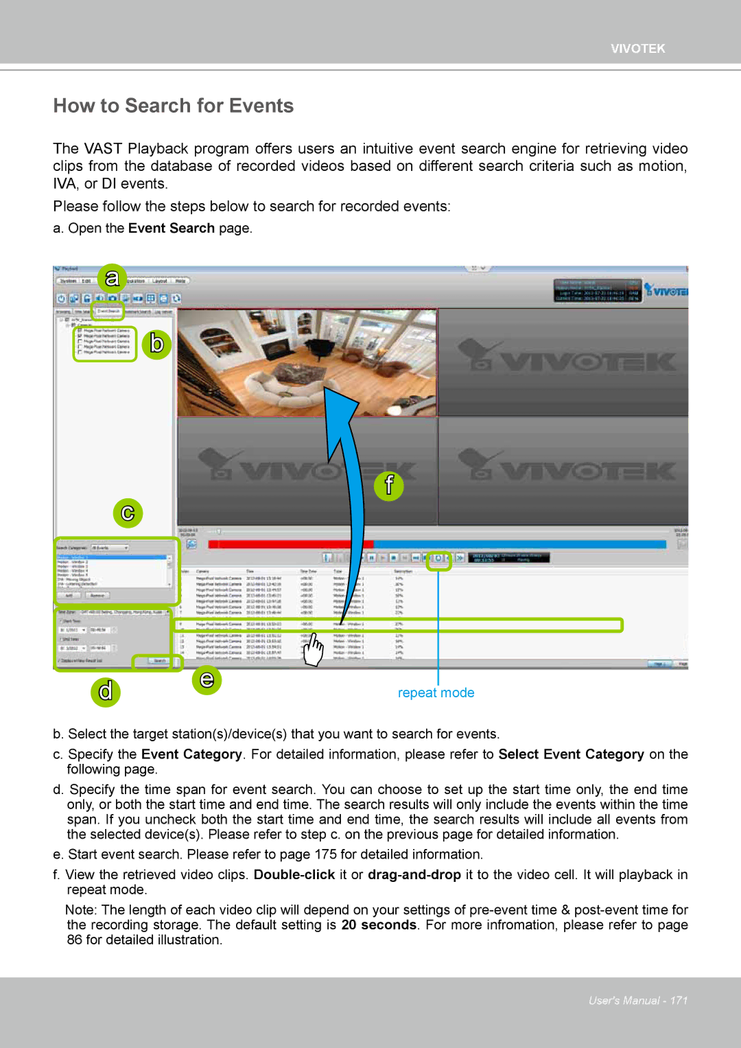 Vivotek ND4801 user manual How to Search for Events, Repeat mode 