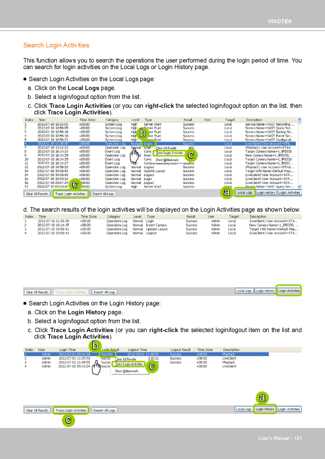 Vivotek ND4801 user manual Search Login Activities, Click Trace Login Activities 