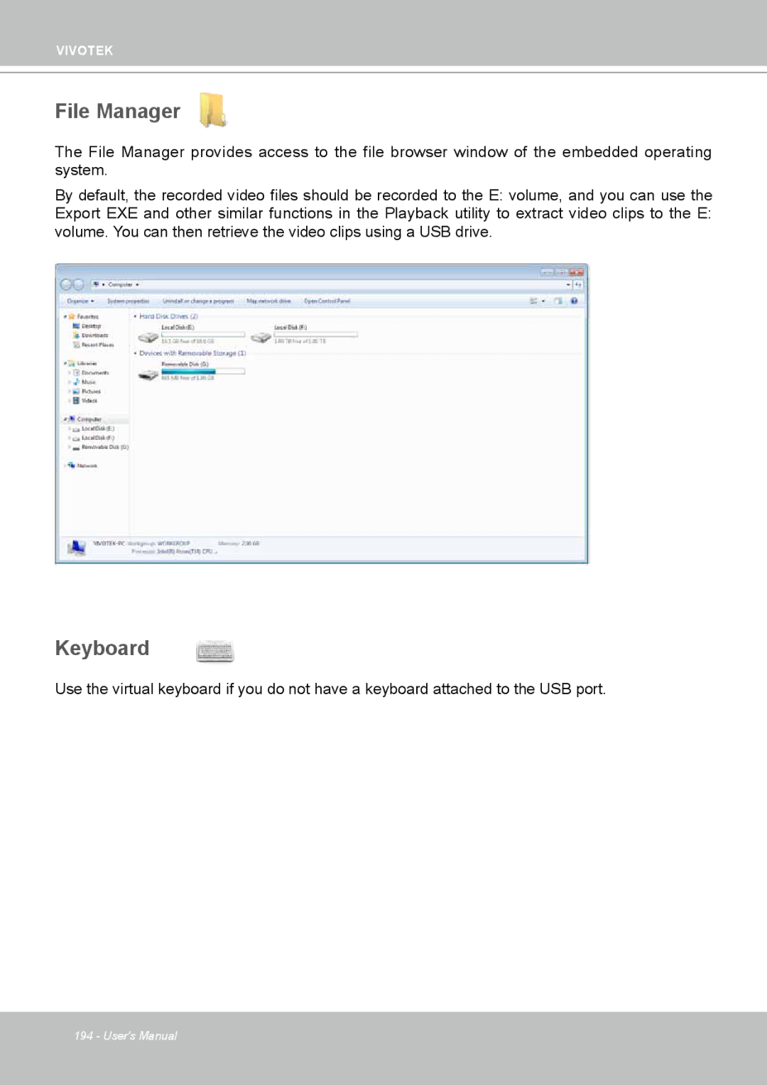 Vivotek ND4801 user manual File Manager, Keyboard 