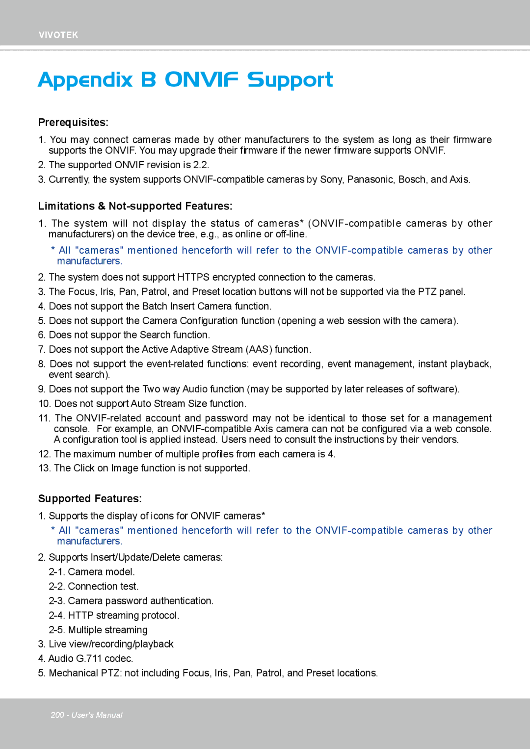 Vivotek ND4801 user manual Appendix B Onvif Support 