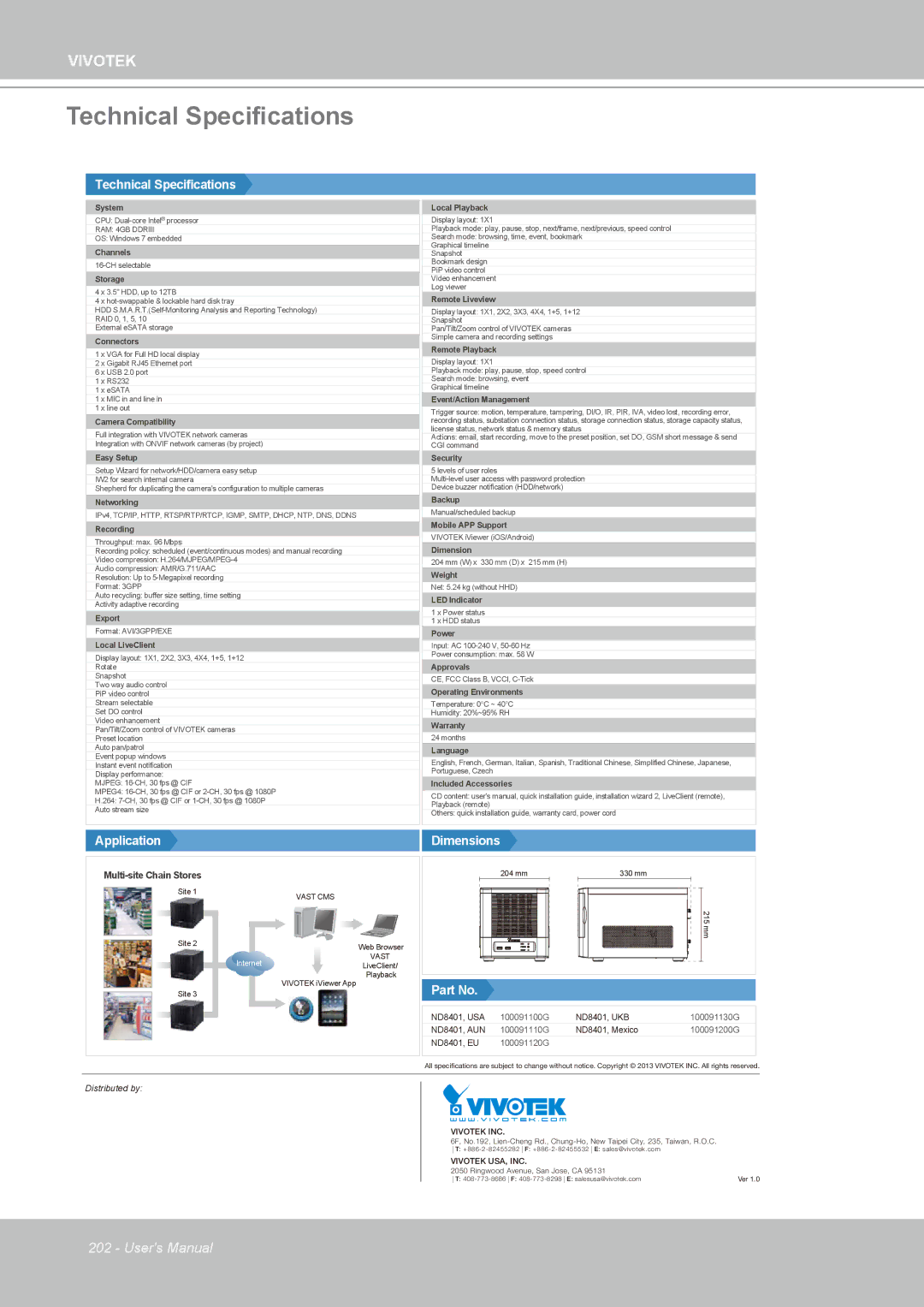 Vivotek ND4801 user manual Technical Specifications 