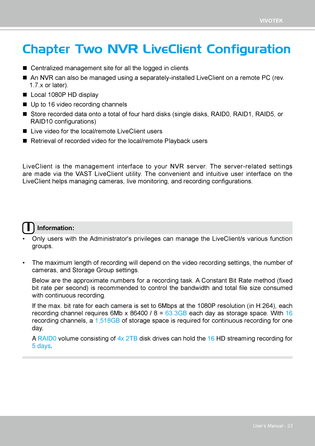 Vivotek ND4801 user manual Chapter Two NVR LiveClient Configuration 