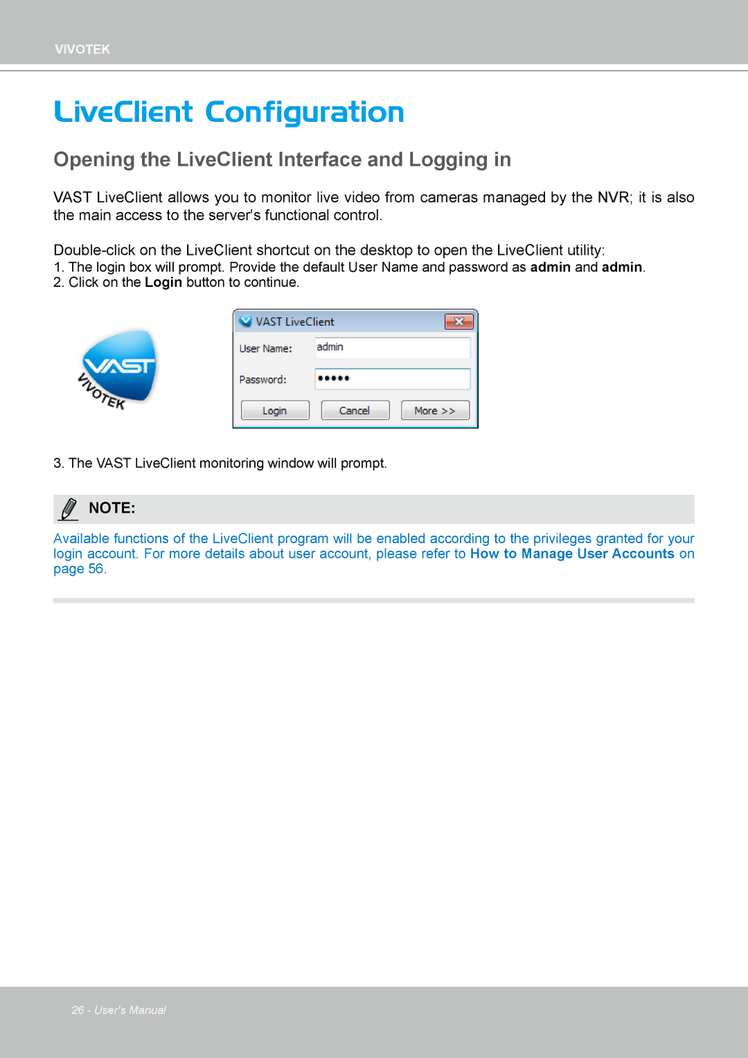 Vivotek ND4801 user manual LiveClient Configuration, Opening the LiveClient Interface and Logging 