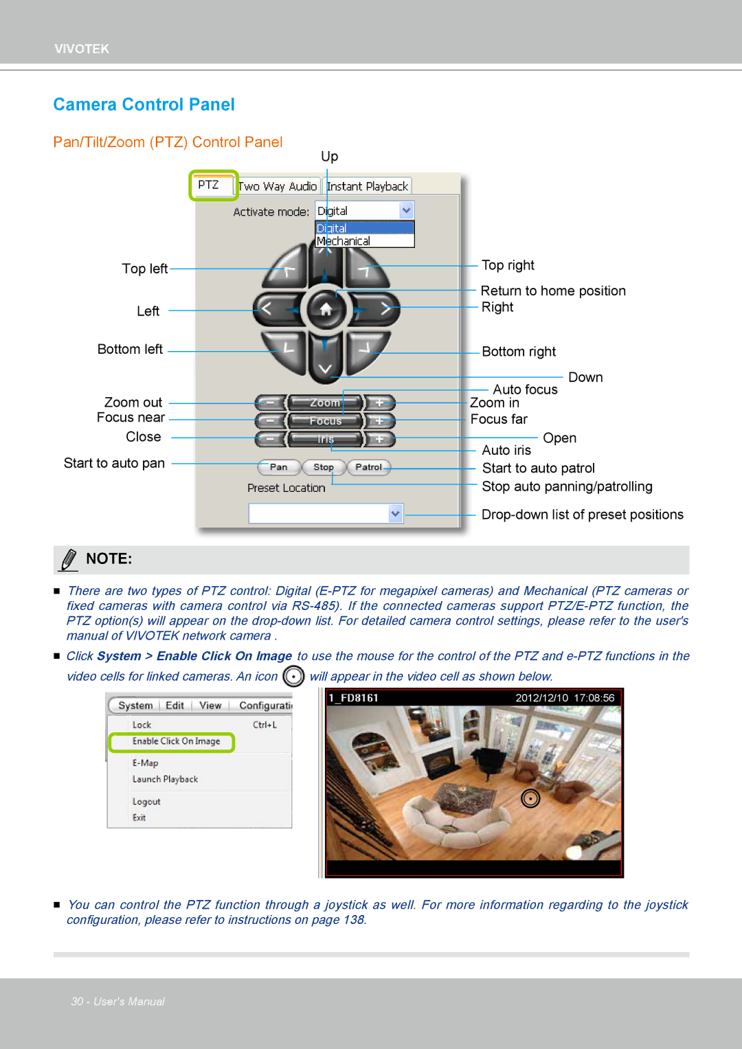 Vivotek ND4801 user manual Camera Control Panel, Pan/Tilt/Zoom PTZ Control Panel 