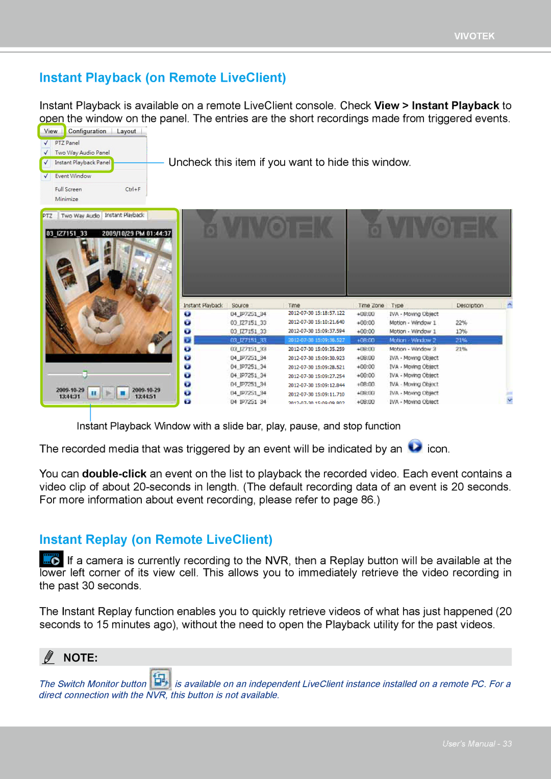 Vivotek ND4801 user manual Instant Playback on Remote LiveClient, Instant Replay on Remote LiveClient 