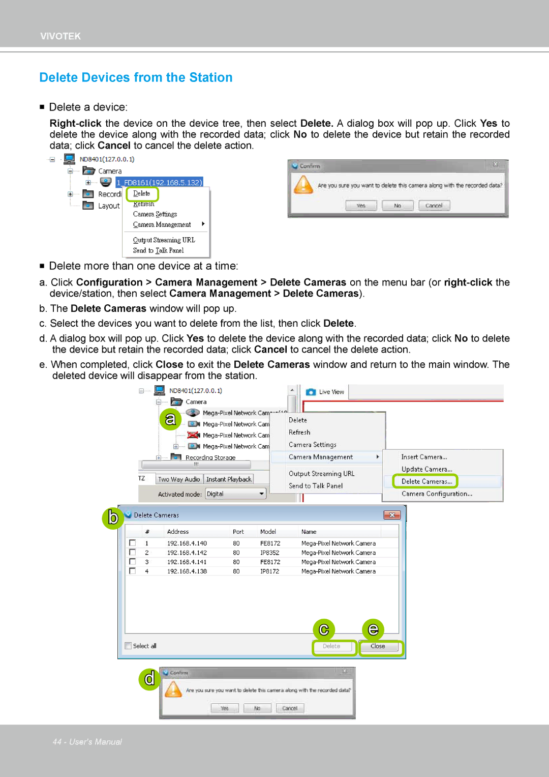 Vivotek ND4801 user manual Delete Devices from the Station,  Delete a device 