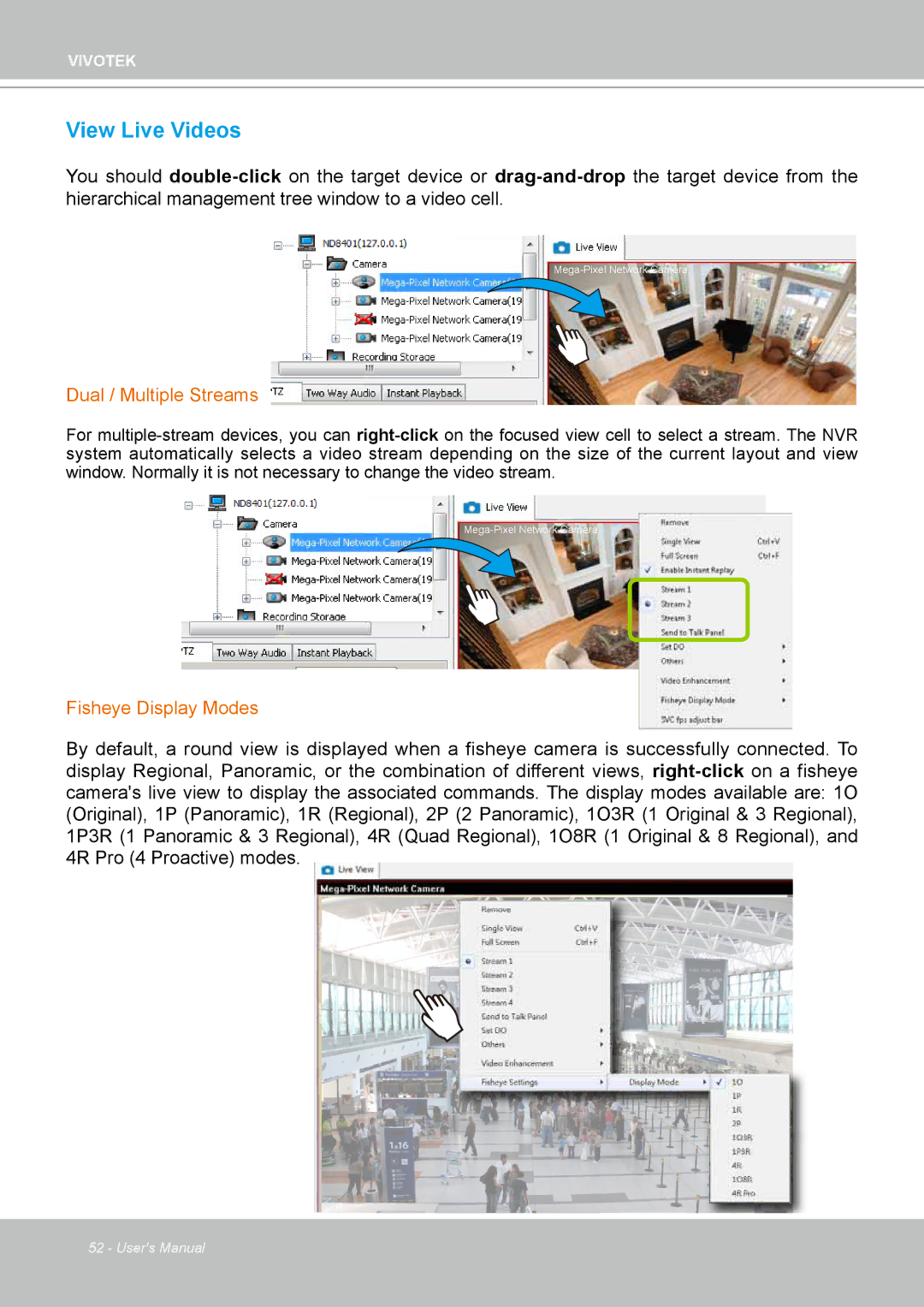 Vivotek ND4801 user manual View Live Videos, Dual / Multiple Streams, Fisheye Display Modes 