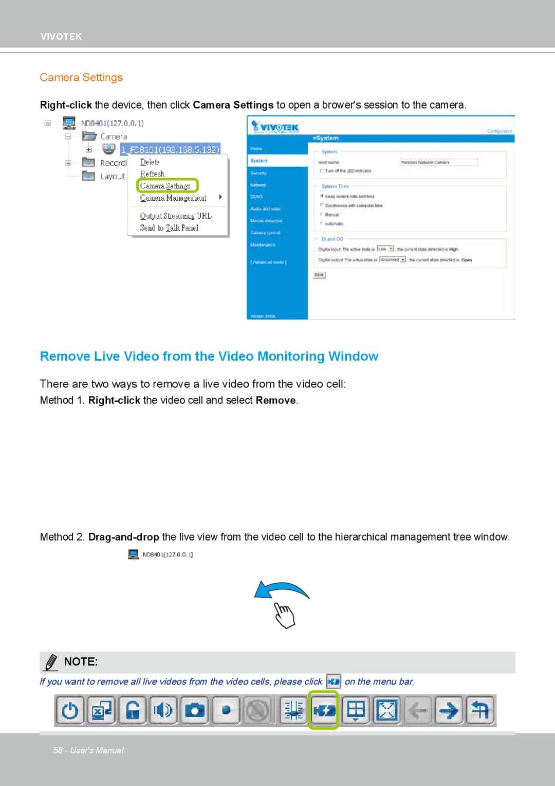 Vivotek ND4801 user manual Remove Live Video from the Video Monitoring Window, Camera Settings 