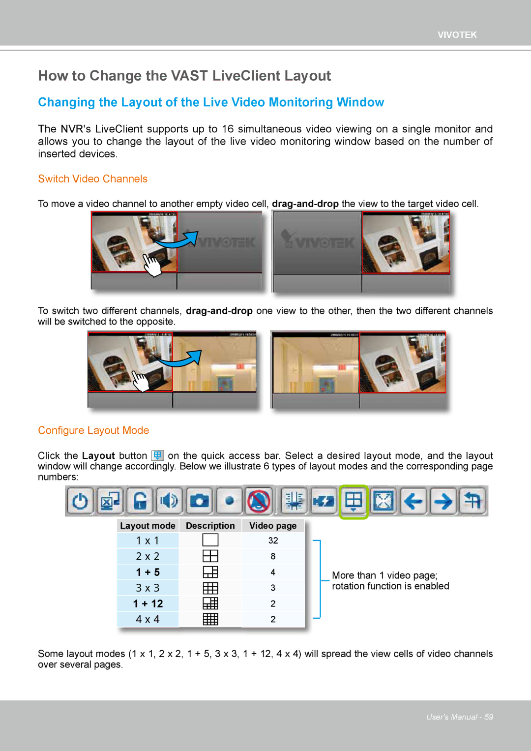 Vivotek ND4801 How to Change the Vast LiveClient Layout, Changing the Layout of the Live Video Monitoring Window 