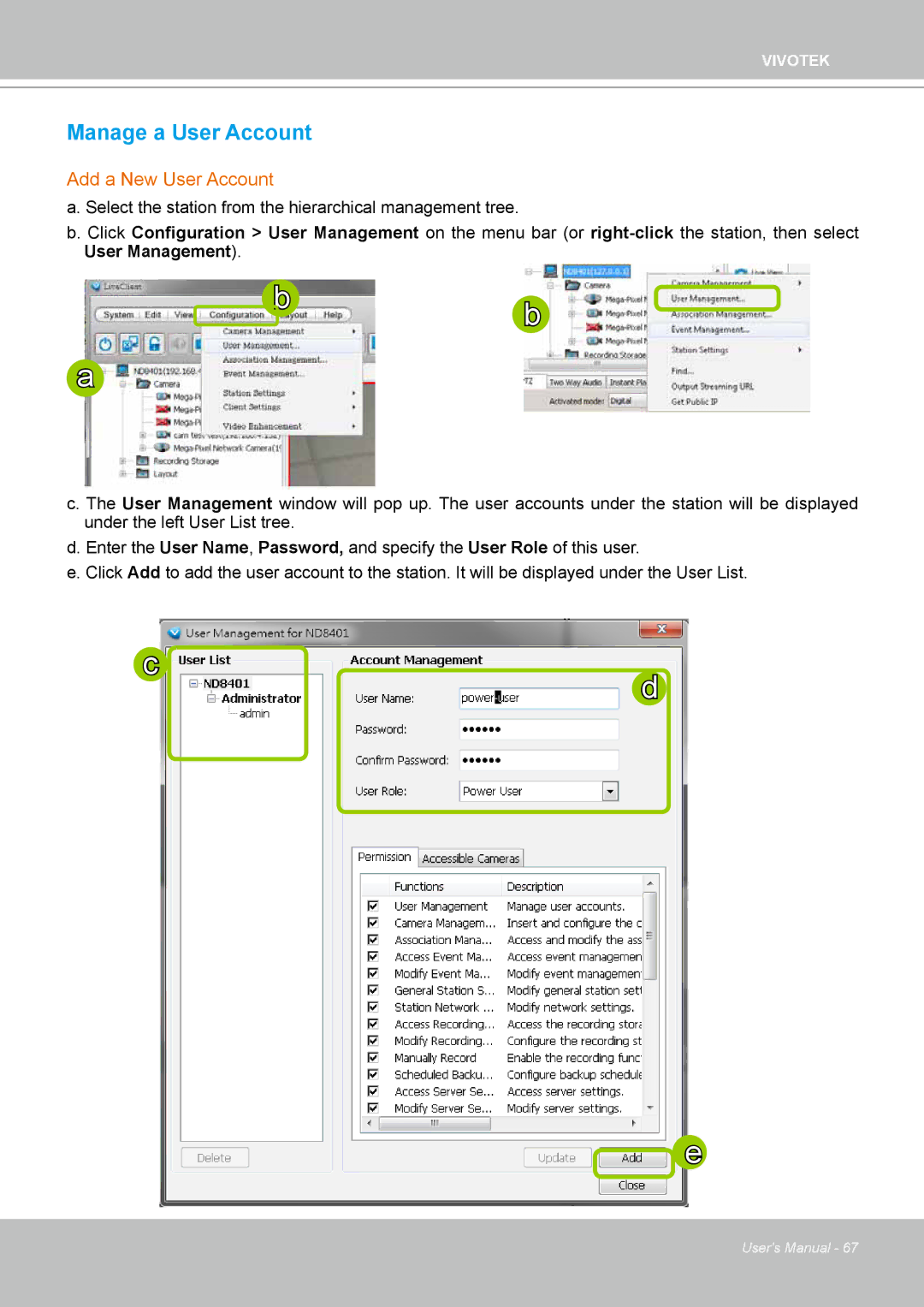 Vivotek ND4801 user manual Manage a User Account, Add a New User Account 