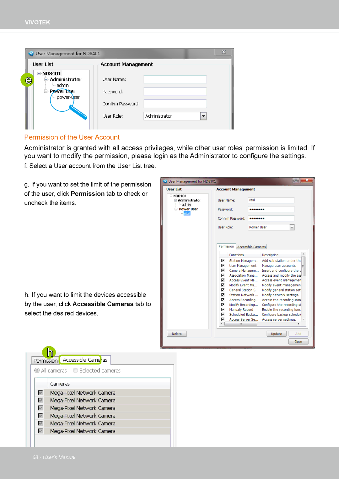 Vivotek ND4801 user manual Permission of the User Account 