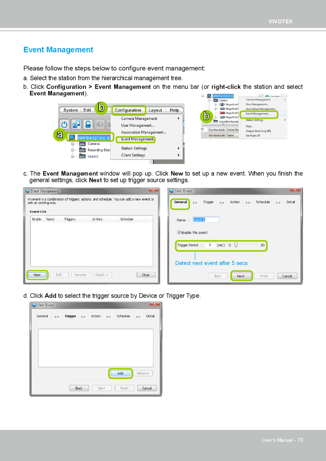 Vivotek ND4801 user manual Event Management, Please follow the steps below to configure event management 