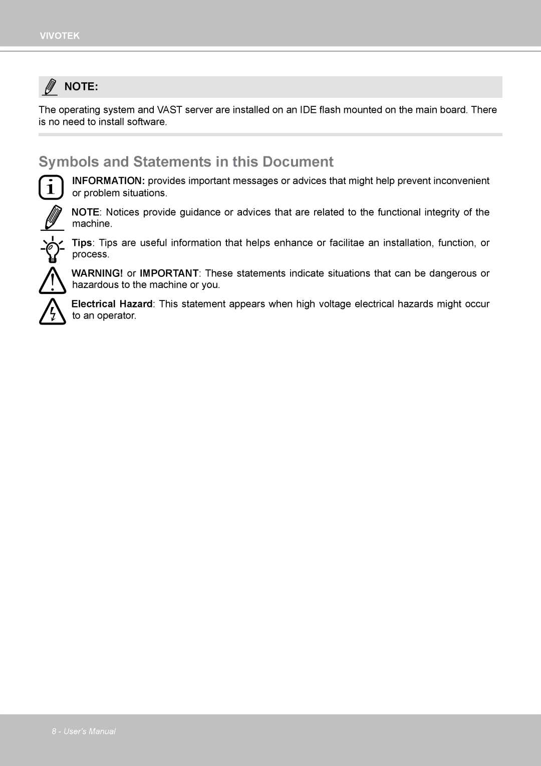 Vivotek ND4801 user manual Symbols and Statements in this Document 