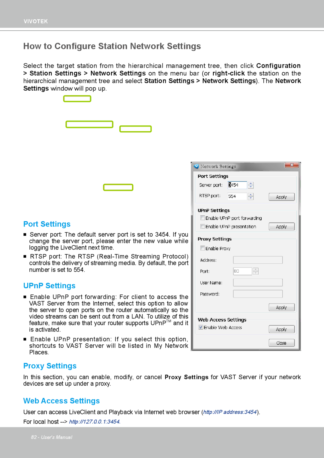 Vivotek ND4801 user manual How to Configure Station Network Settings, Port Settings, UPnP Settings, Proxy Settings 