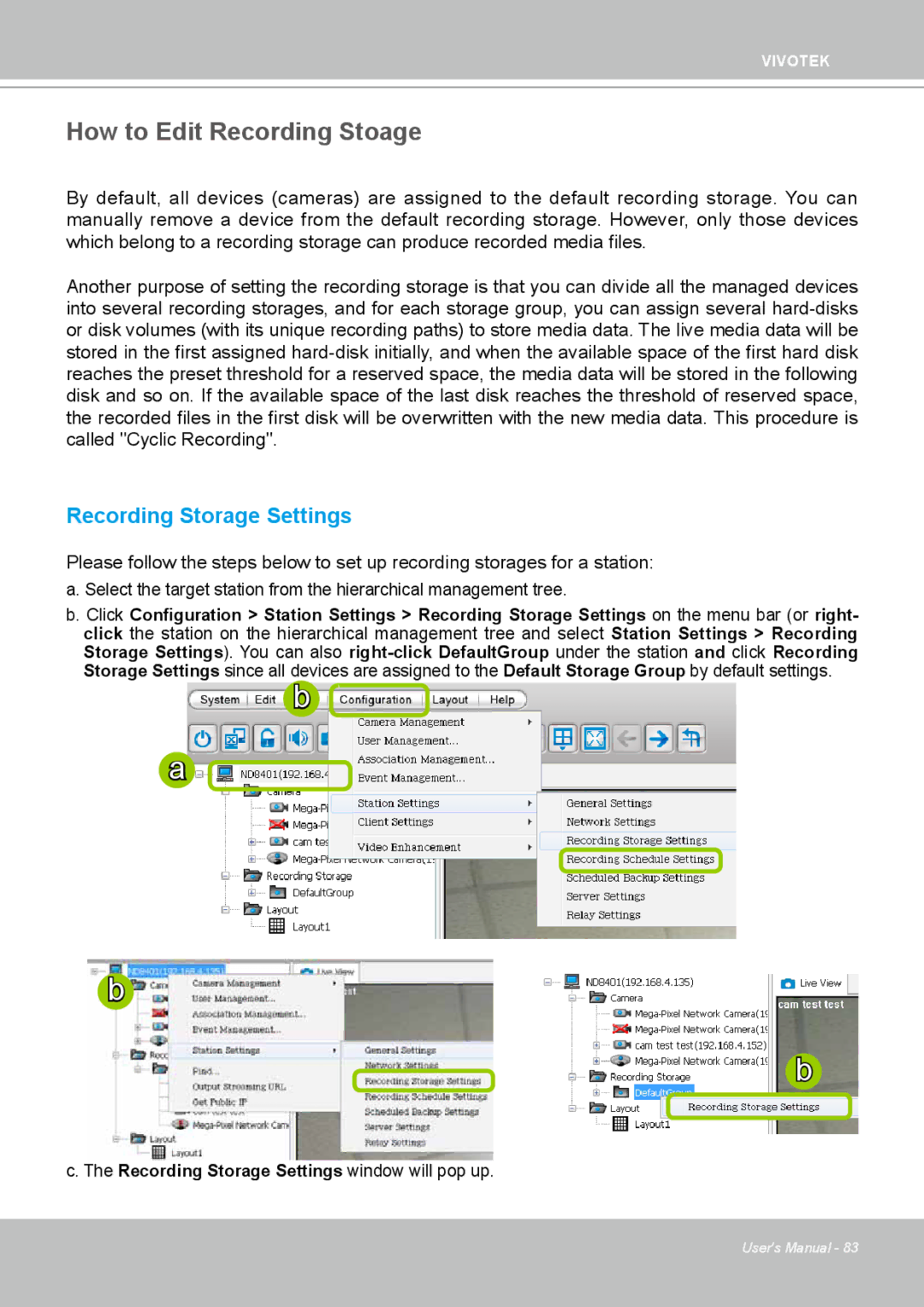 Vivotek ND4801 user manual How to Edit Recording Stoage, Recording Storage Settings 