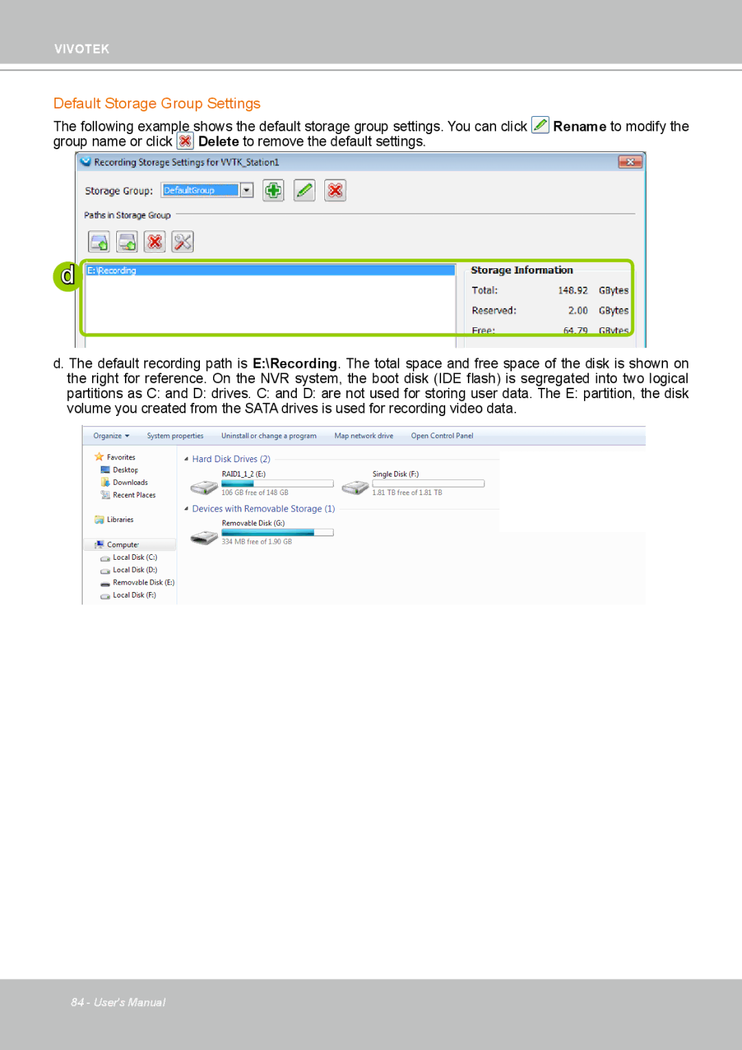 Vivotek ND4801 user manual Default Storage Group Settings 