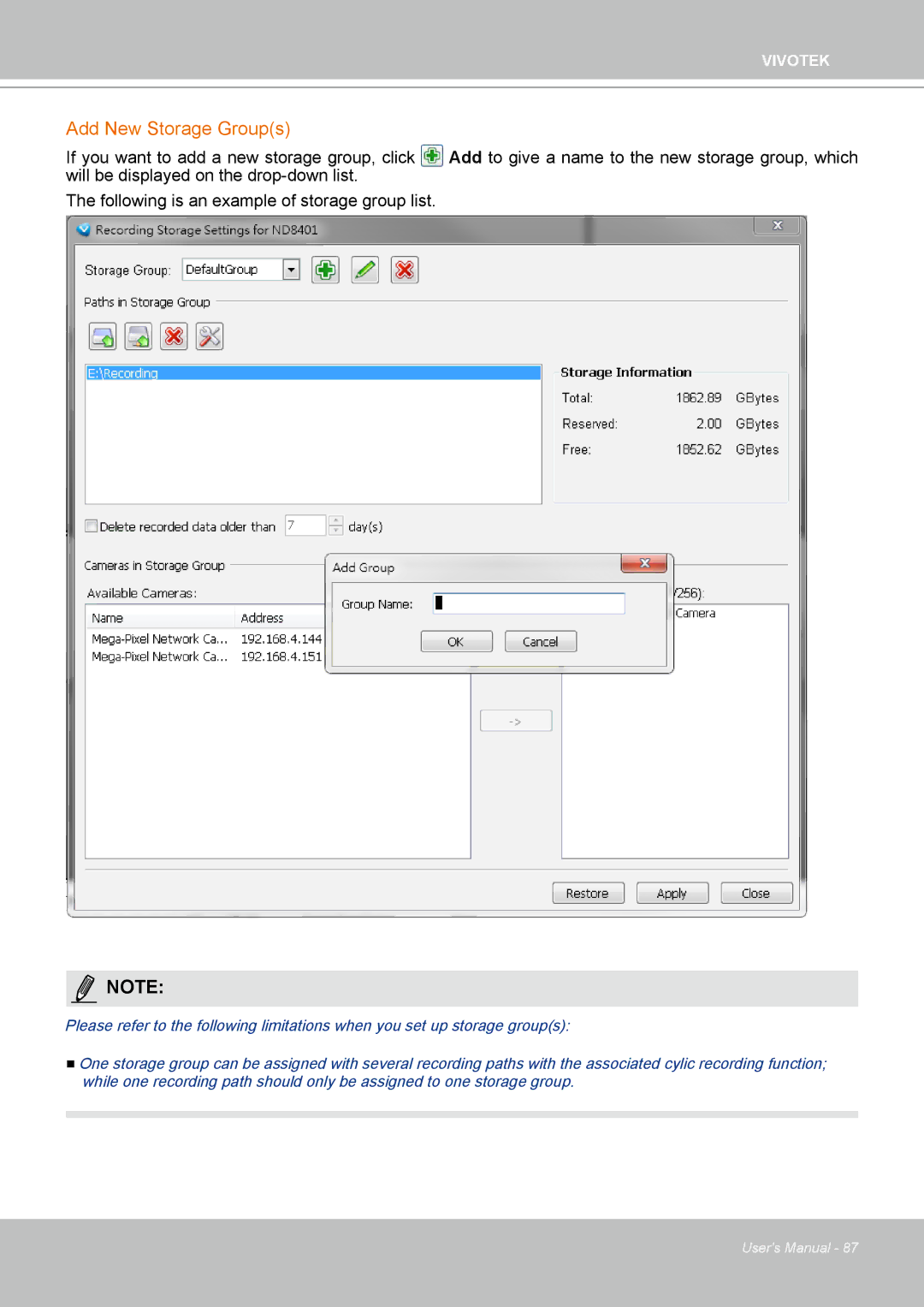 Vivotek ND4801 user manual Add New Storage Groups 