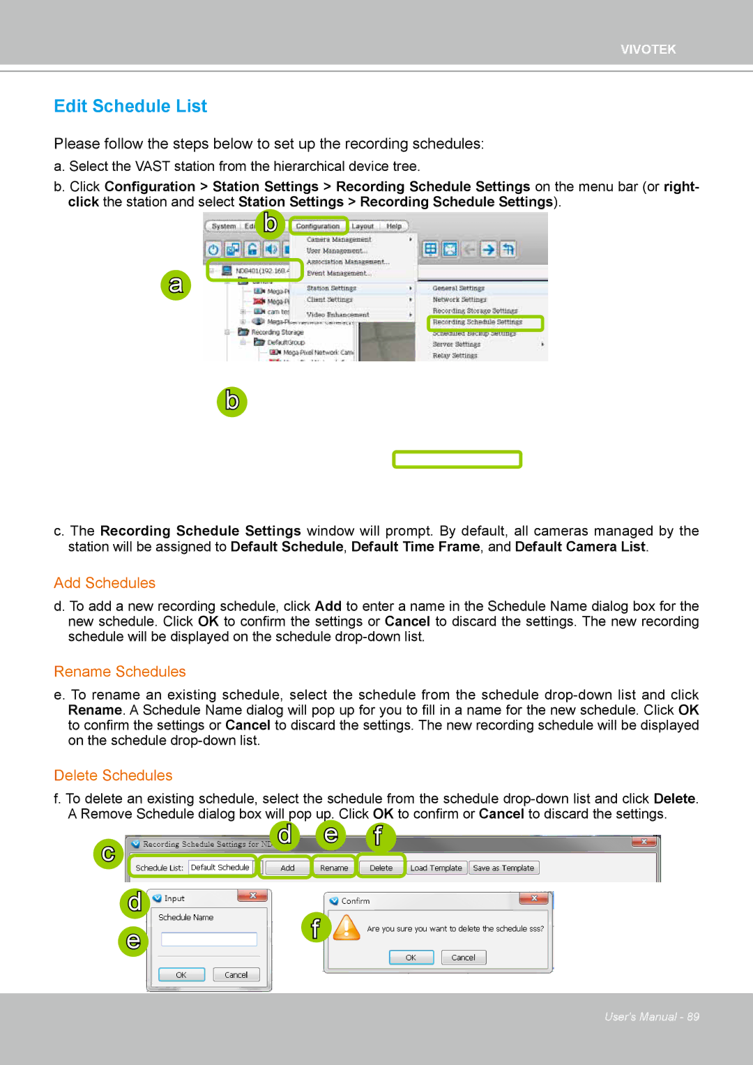 Vivotek ND4801 user manual Edit Schedule List, Add Schedules, Rename Schedules, Delete Schedules 