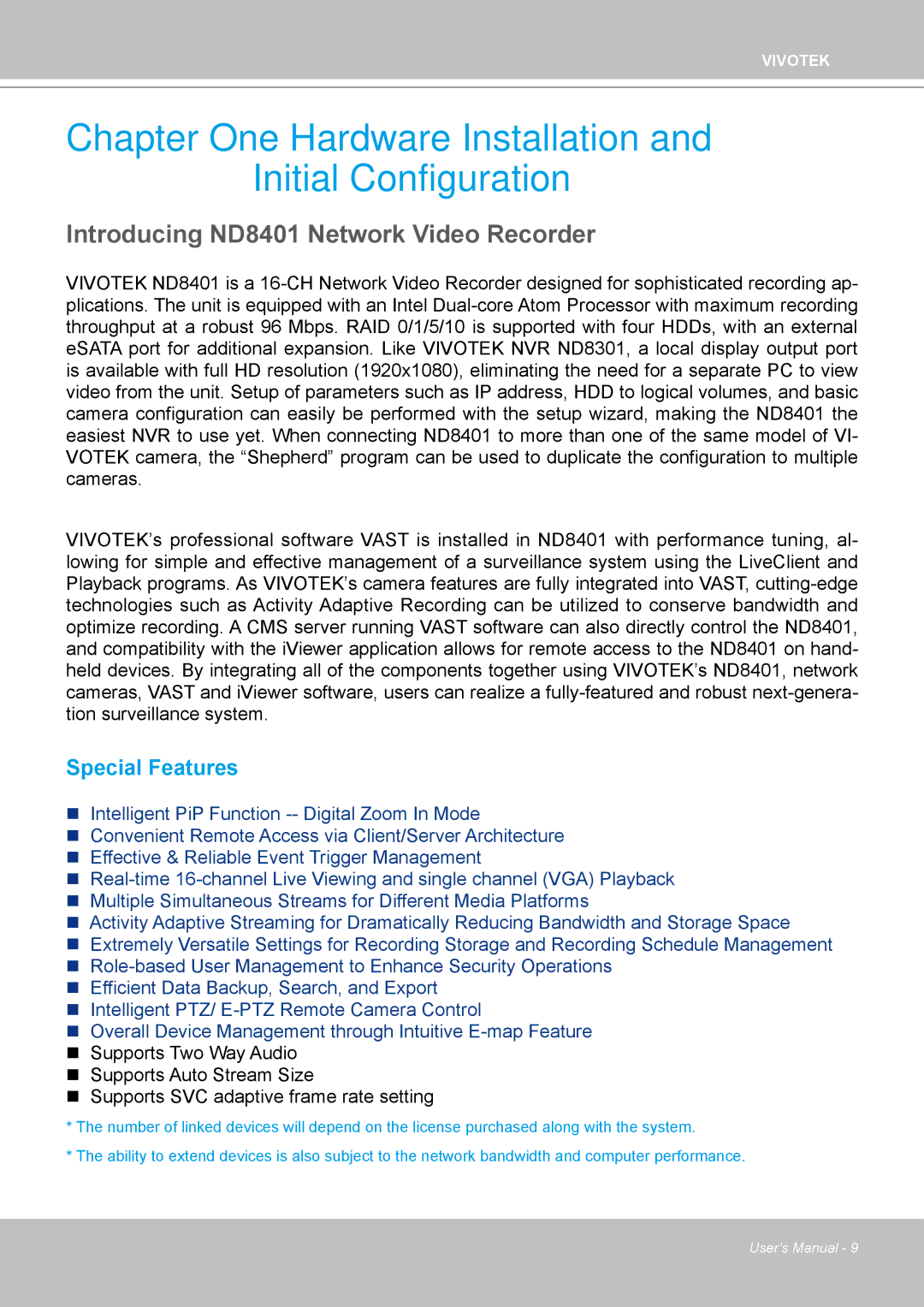 Vivotek ND4801 user manual Introducing ND8401 Network Video Recorder, Special Features 