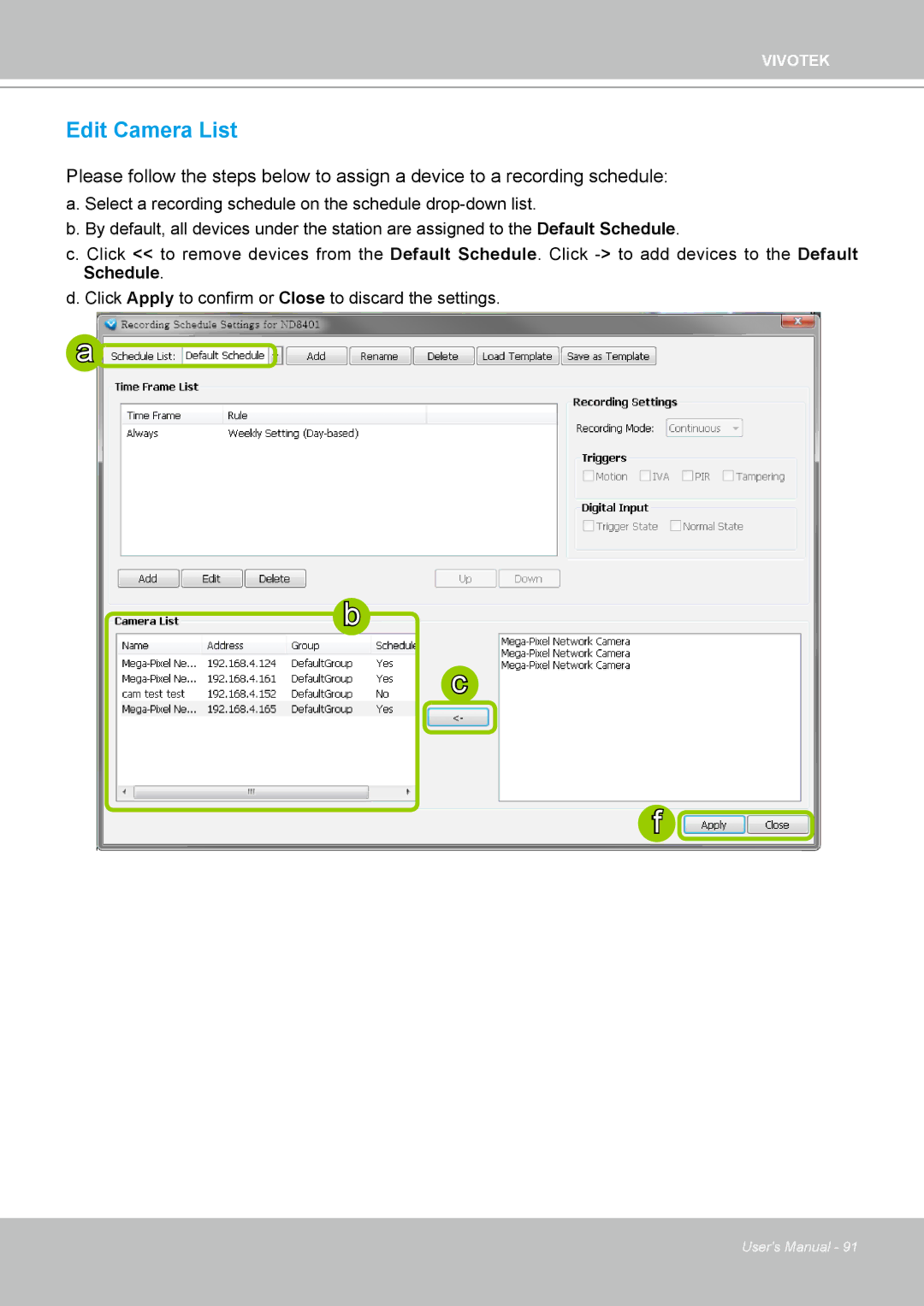 Vivotek ND4801 user manual Edit Camera List 