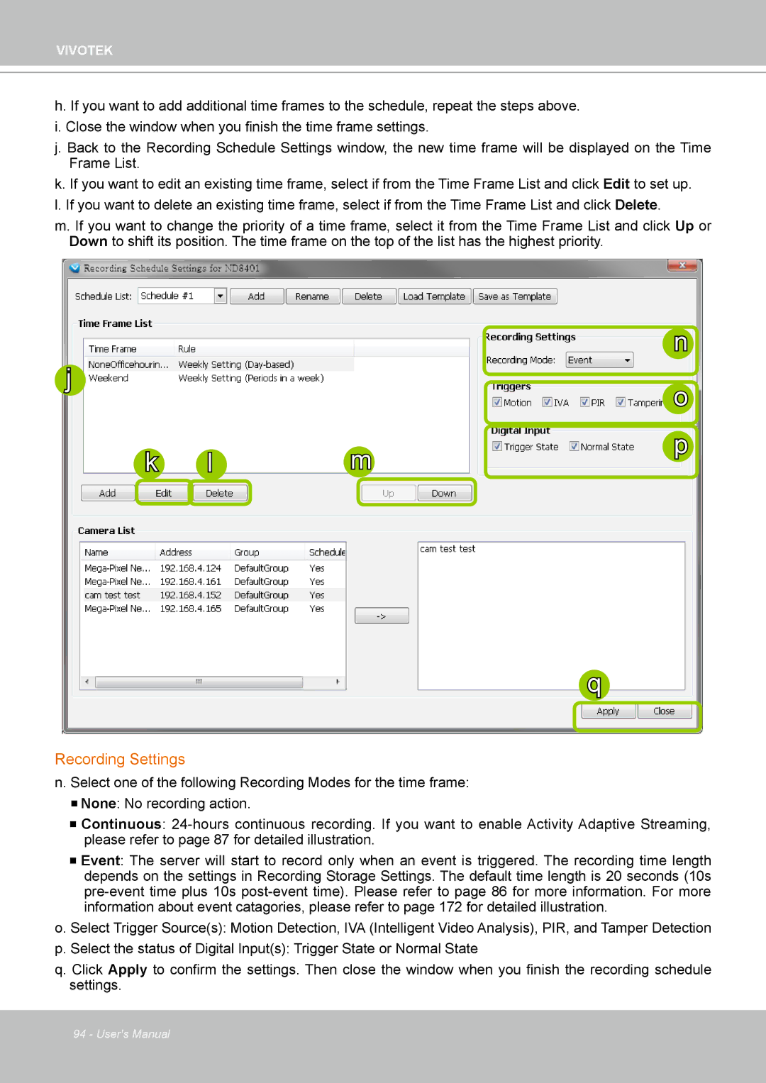 Vivotek ND4801 user manual Recording Settings 