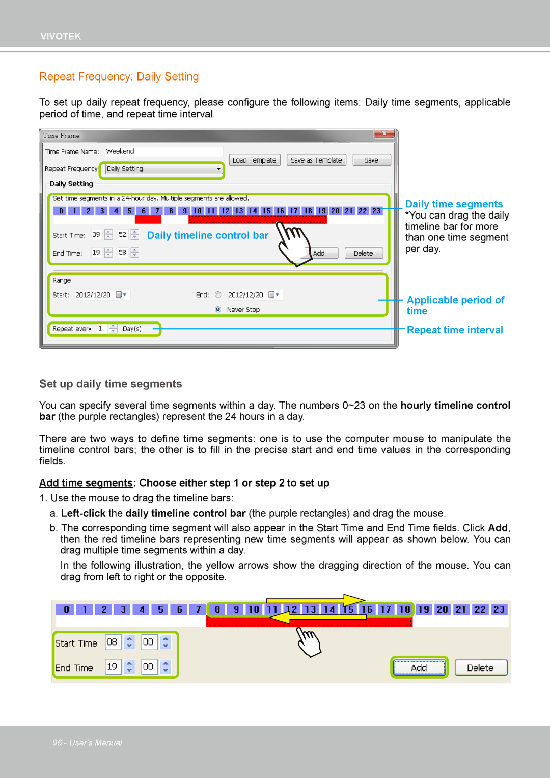 Vivotek ND4801 user manual Repeat Frequency Daily Setting, Set up daily time segments 