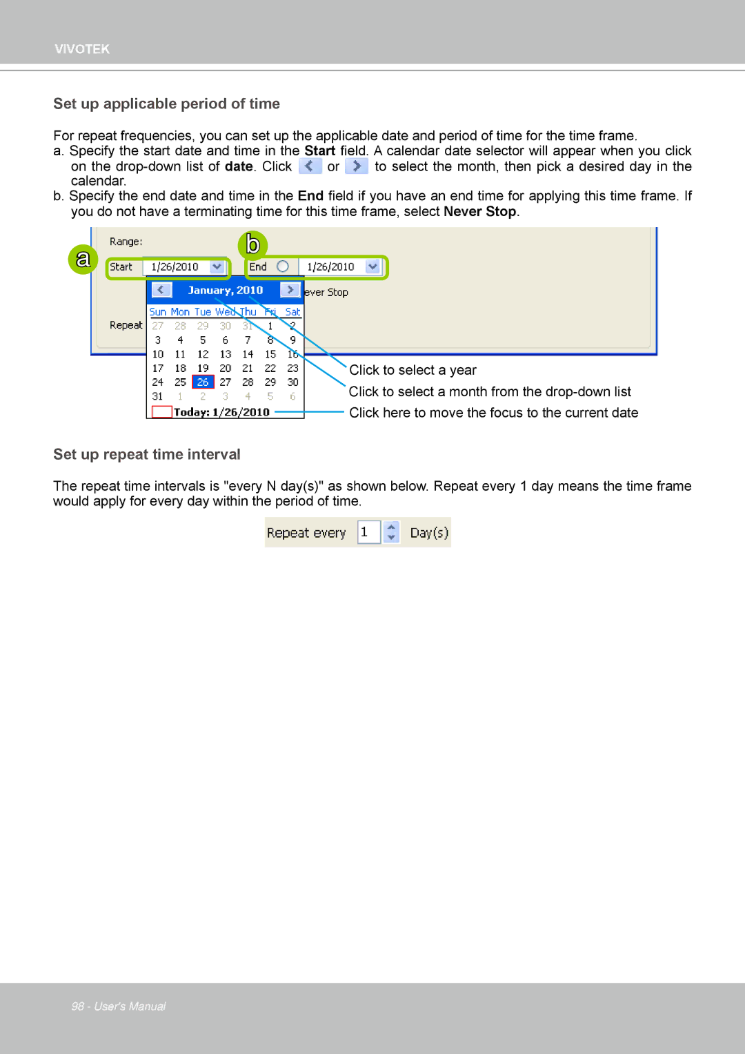 Vivotek ND4801 user manual Set up applicable period of time 