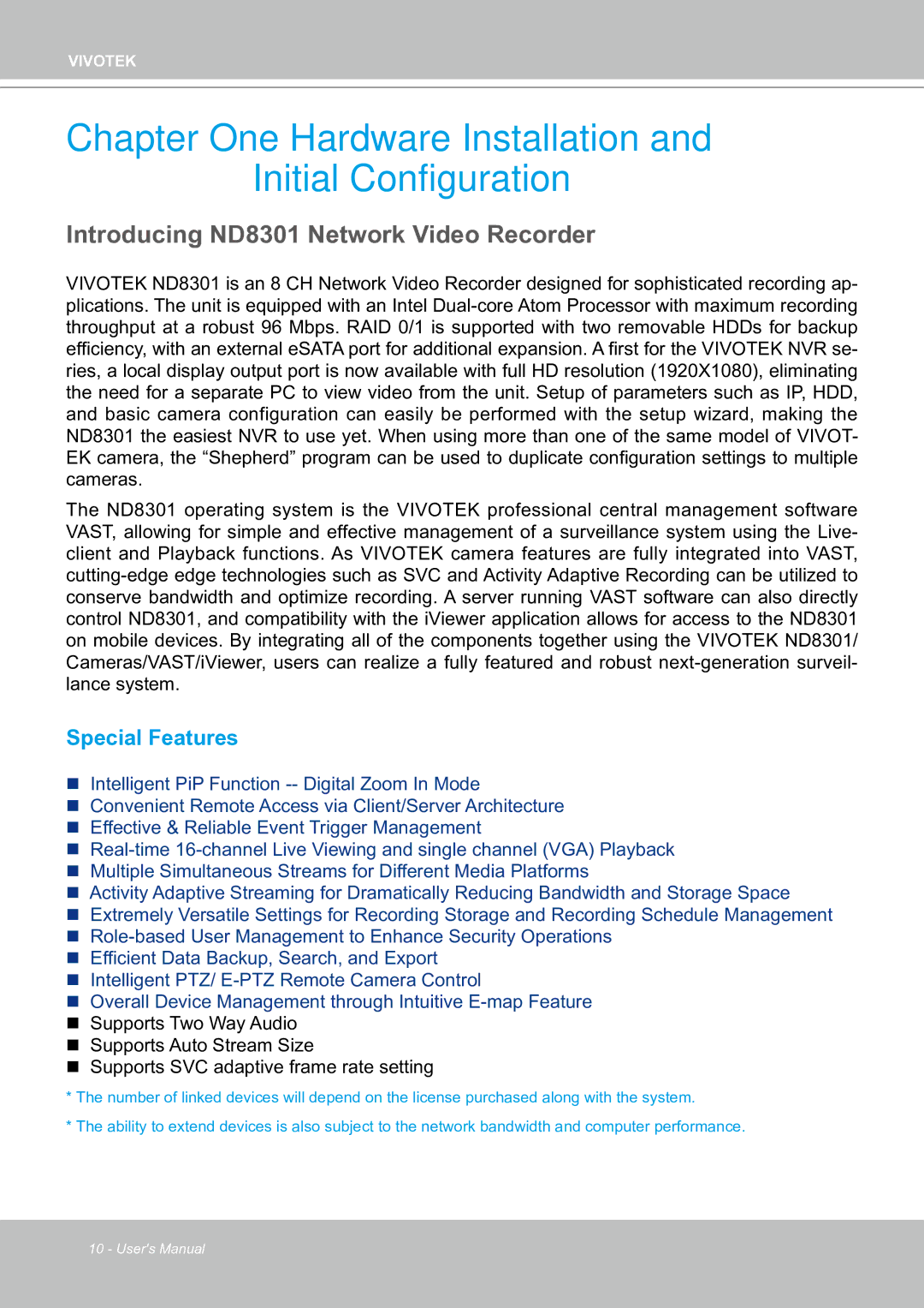 Vivotek user manual Introducing ND8301 Network Video Recorder, Special Features 