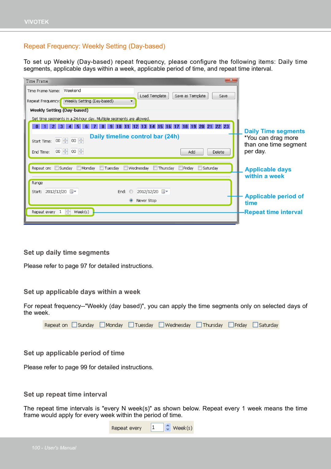 Vivotek ND8301 user manual Repeat Frequency Weekly Setting Day-based, Set up applicable days within a week 