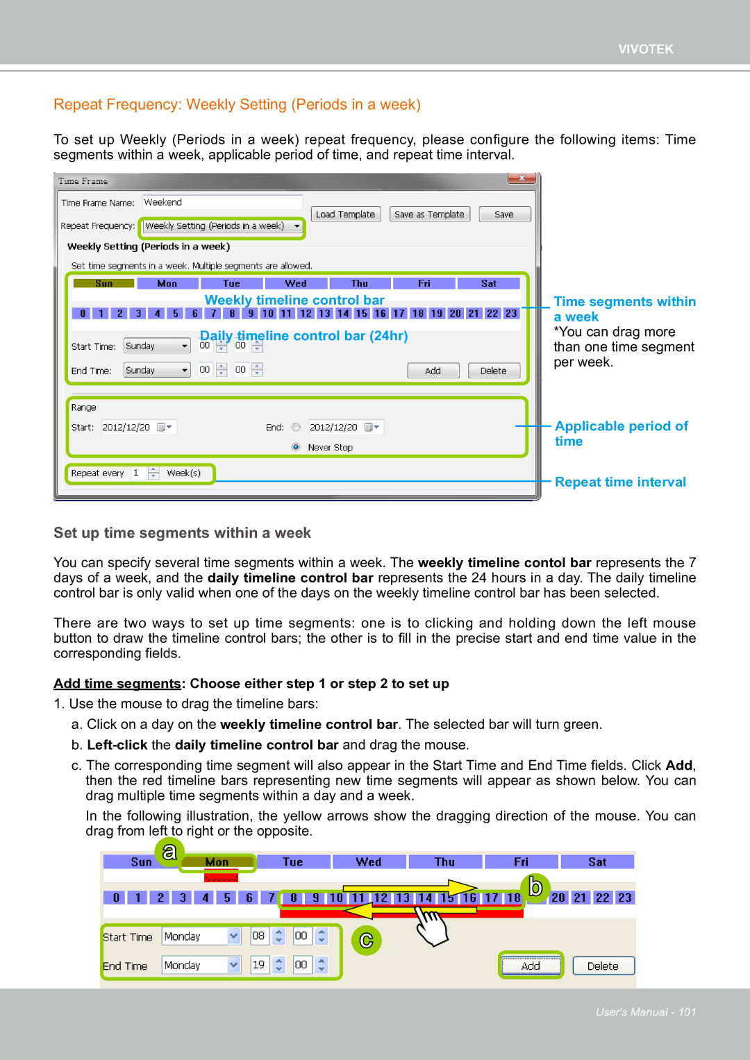 Vivotek ND8301 user manual Repeat Frequency Weekly Setting Periods in a week, Set up time segments within a week 