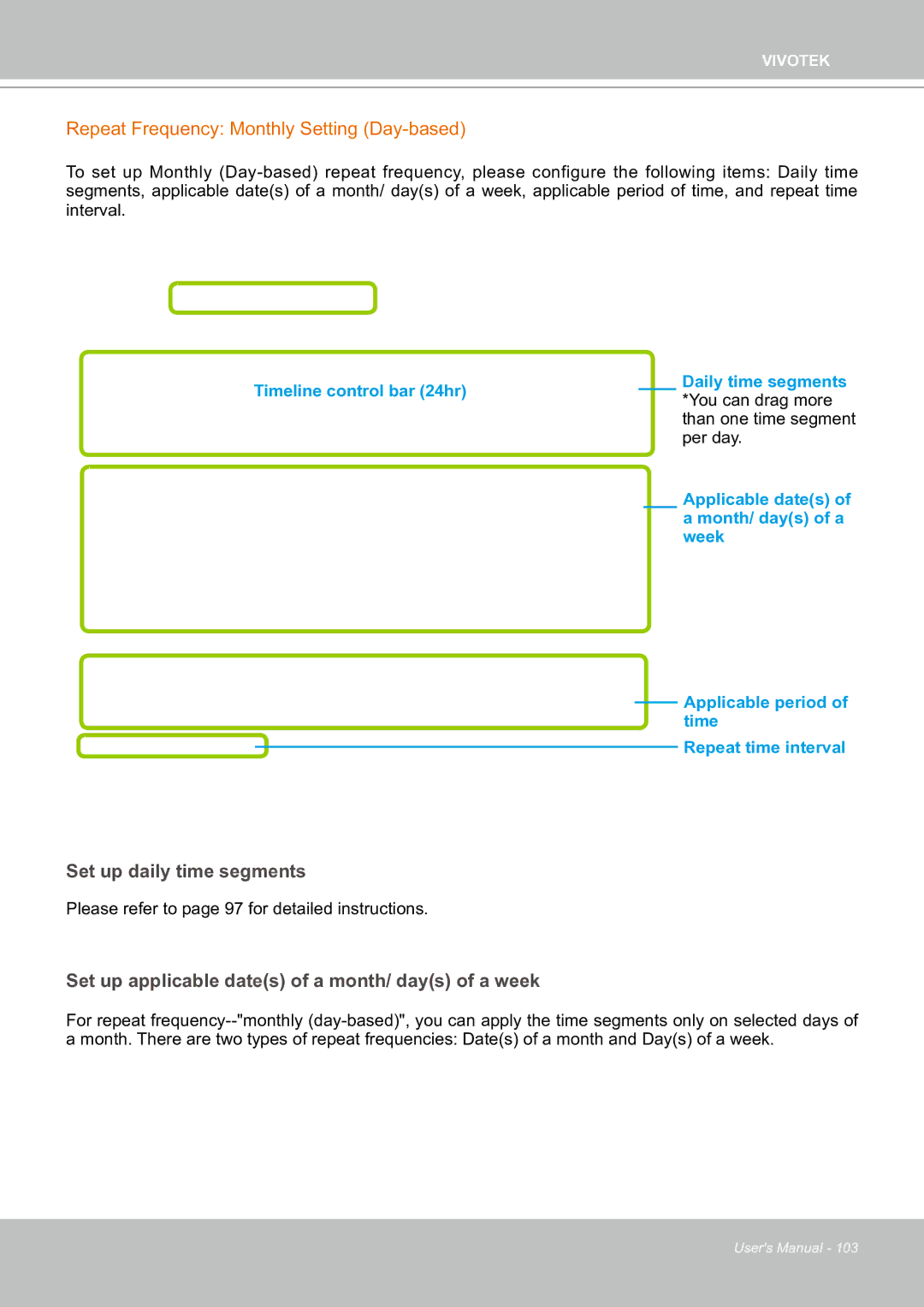 Vivotek ND8301 user manual Repeat Frequency Monthly Setting Day-based, Set up applicable dates of a month/ days of a week 