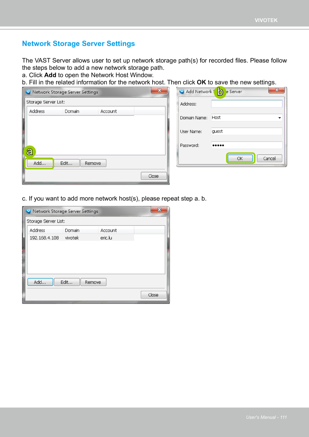 Vivotek ND8301 user manual Network Storage Server Settings 