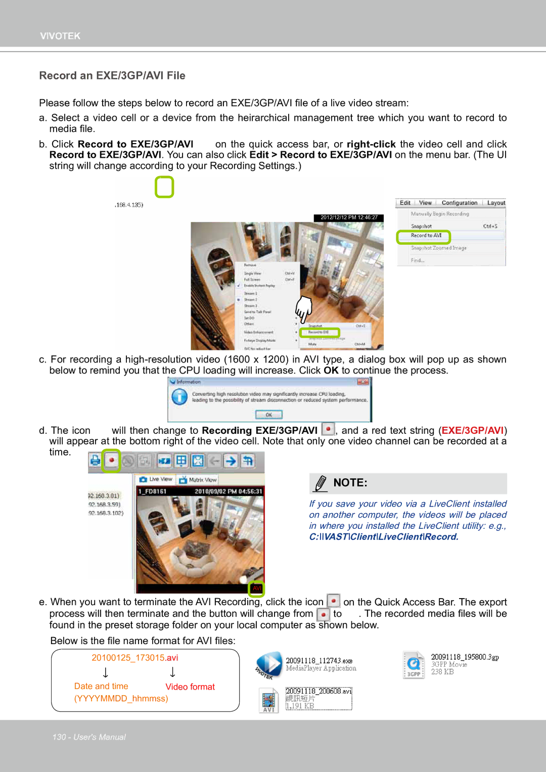 Vivotek ND8301 user manual Record an EXE/3GP/AVI File 