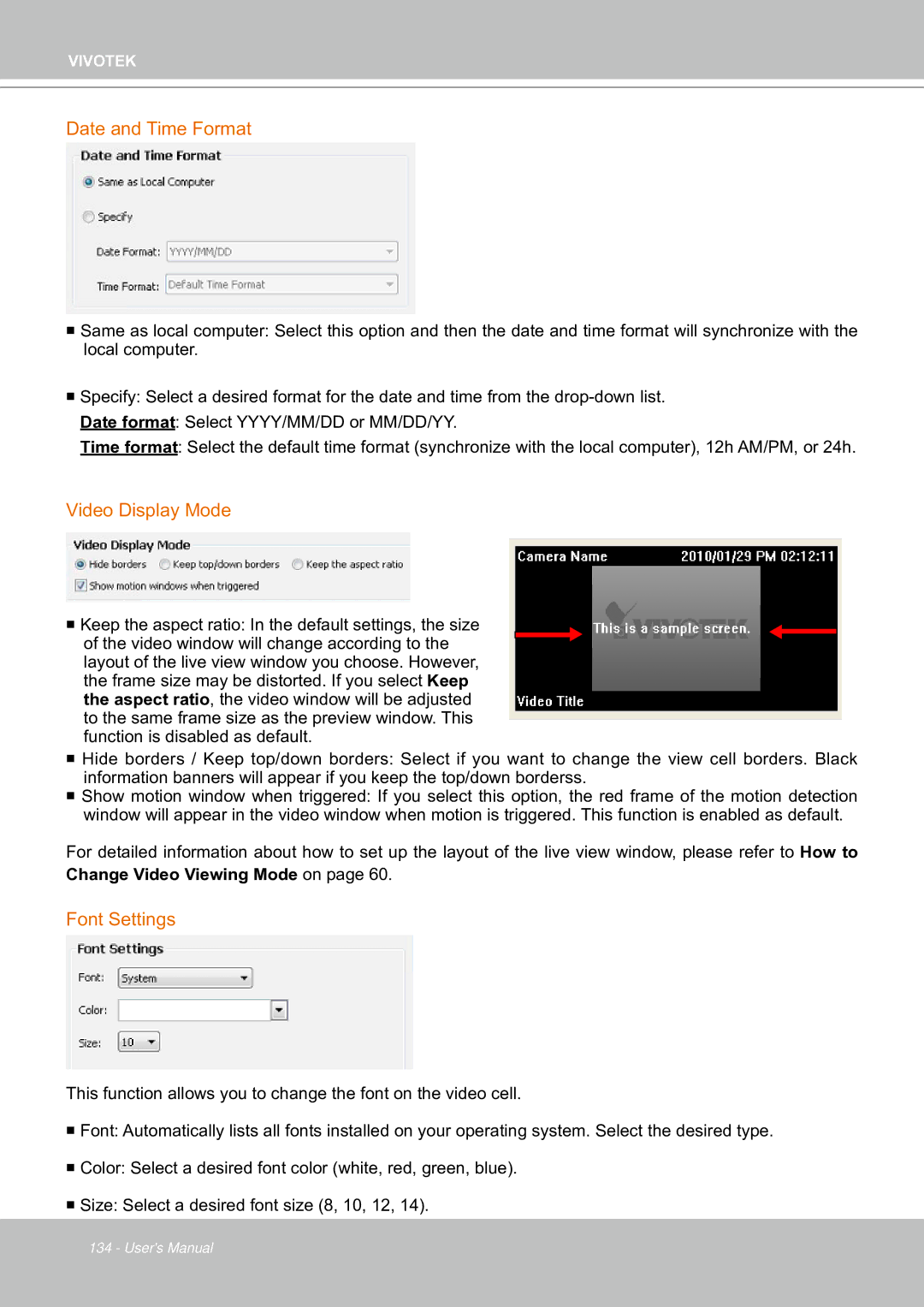 Vivotek ND8301 user manual Date and Time Format, Video Display Mode, Font Settings 