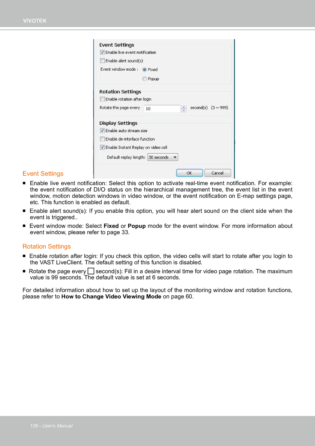 Vivotek ND8301 user manual Event Settings, Rotation Settings 