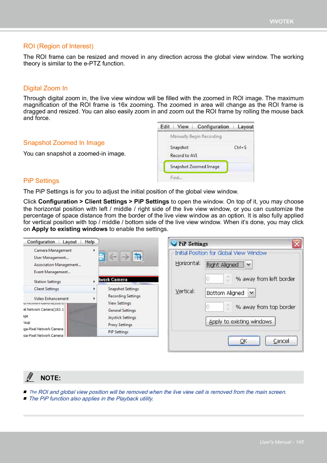 Vivotek ND8301 user manual ROI Region of Interest, Digital Zoom, Snapshot Zoomed In Image, PiP Settings 