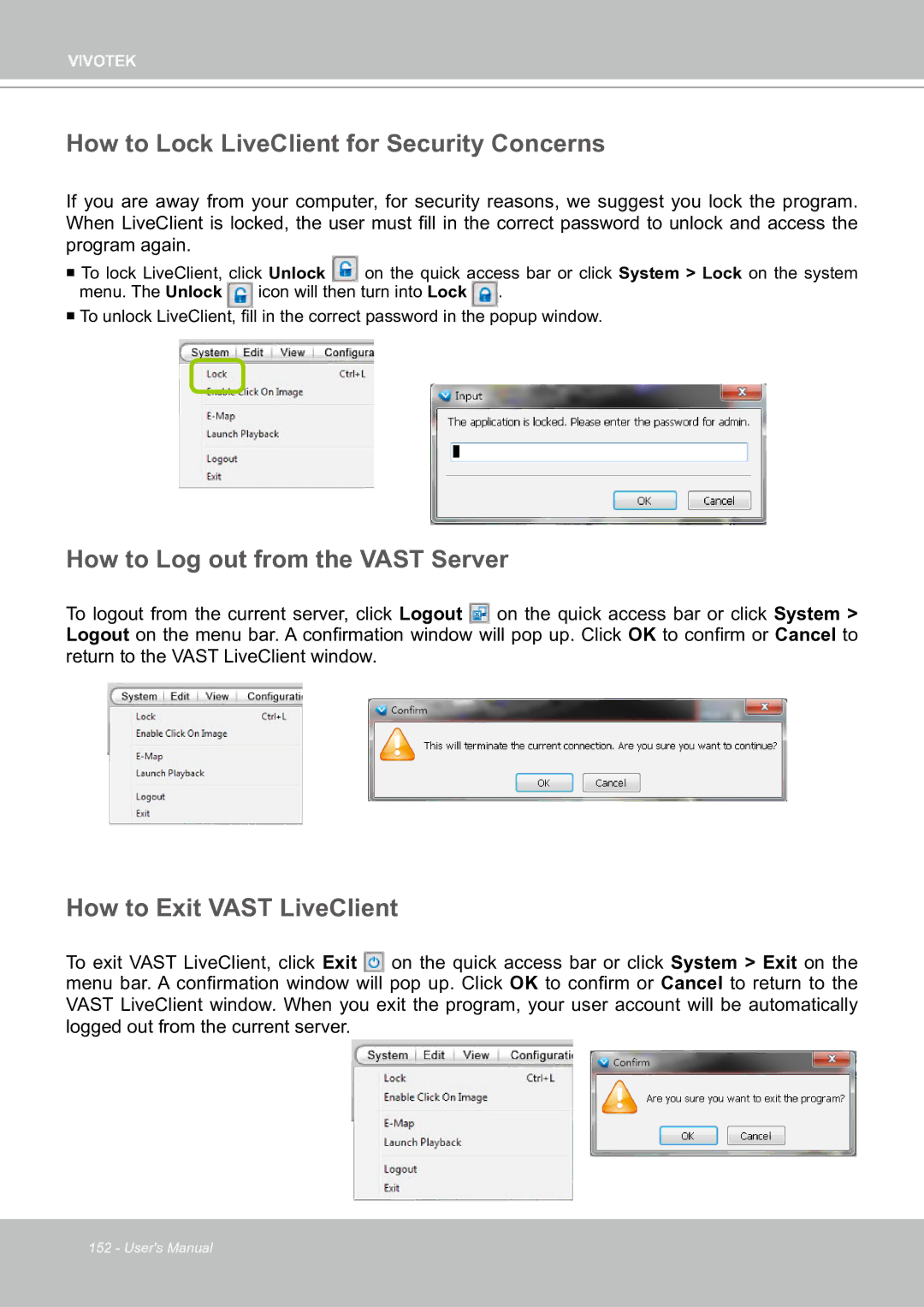 Vivotek ND8301 user manual How to Lock LiveClient for Security Concerns, How to Log out from the Vast Server 