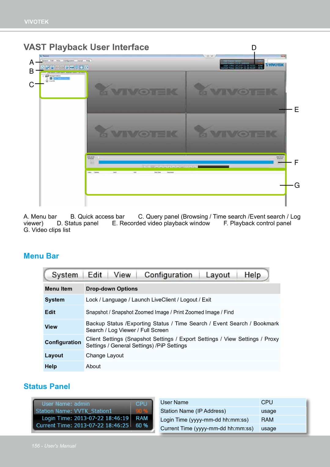 Vivotek ND8301 user manual Vast Playback User Interface, Menu Bar 