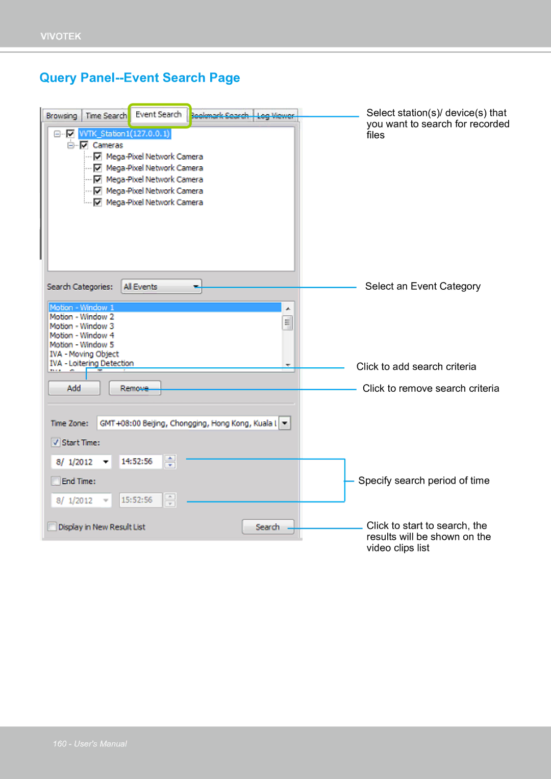 Vivotek ND8301 user manual Query Panel--Event Search 