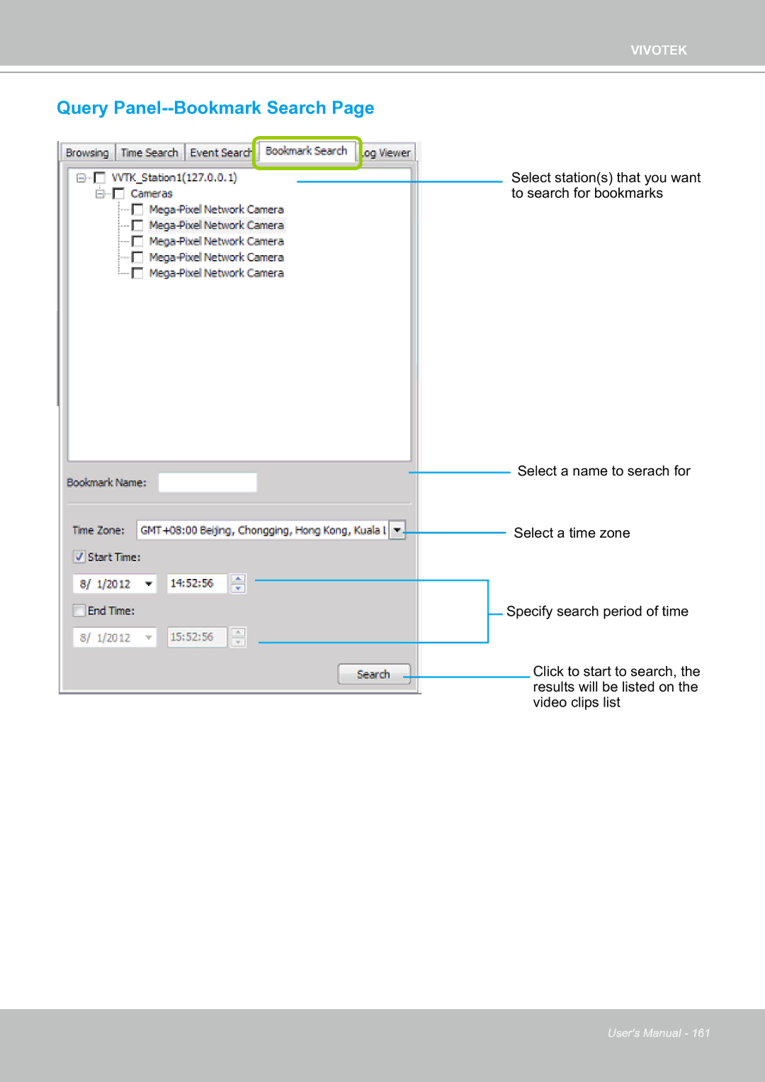 Vivotek ND8301 user manual Query Panel--Bookmark Search 