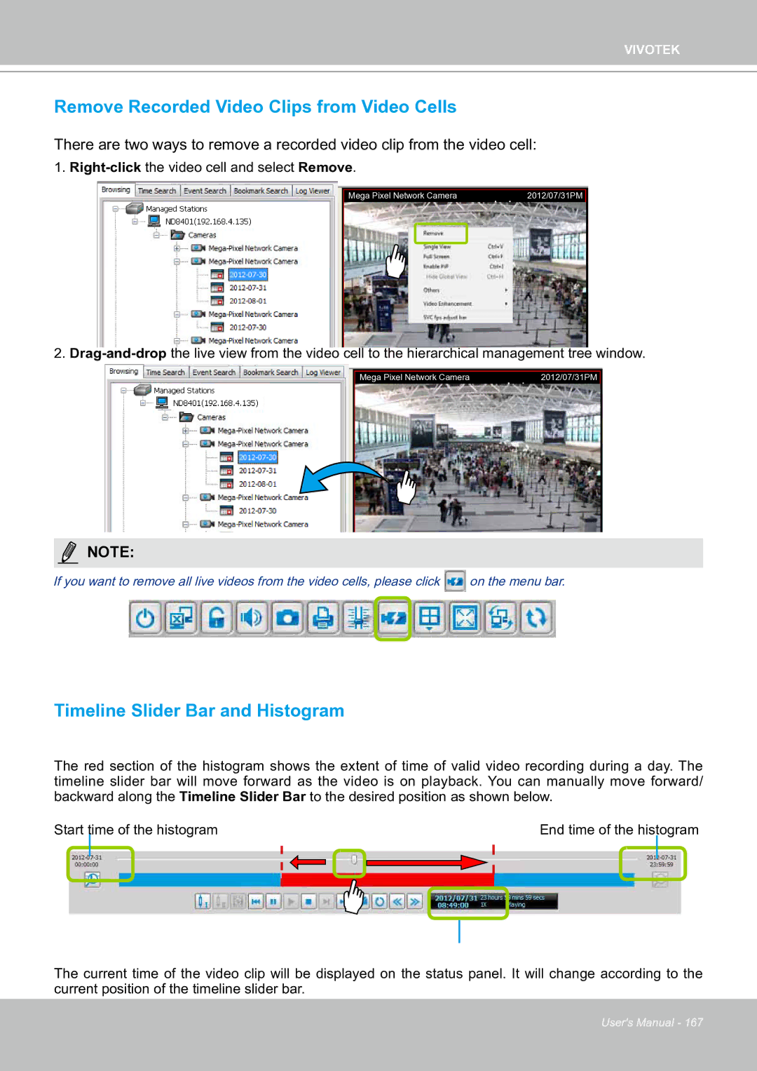 Vivotek ND8301 user manual Remove Recorded Video Clips from Video Cells, Timeline Slider Bar and Histogram 