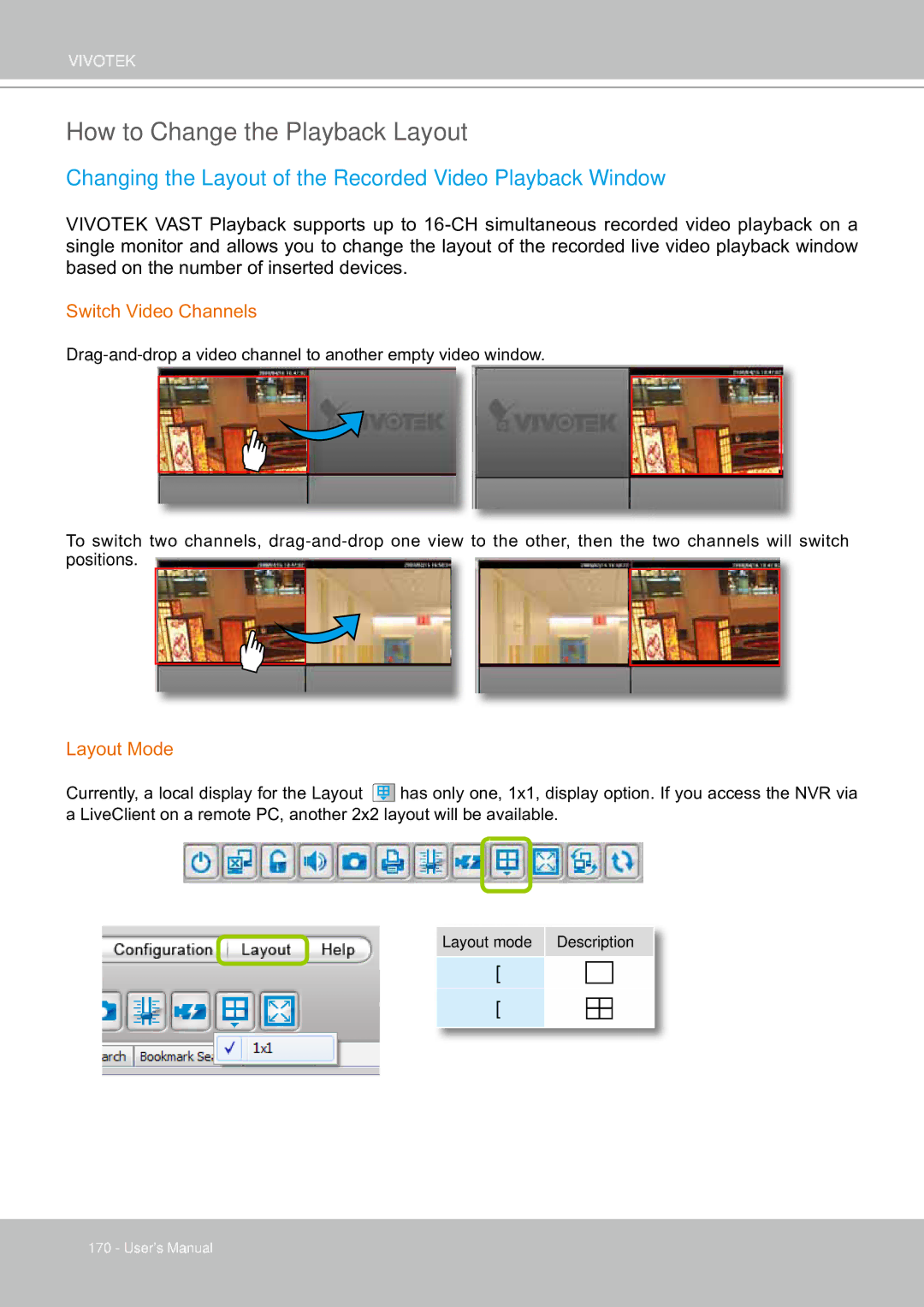 Vivotek ND8301 How to Change the Playback Layout, Changing the Layout of the Recorded Video Playback Window, Layout Mode 