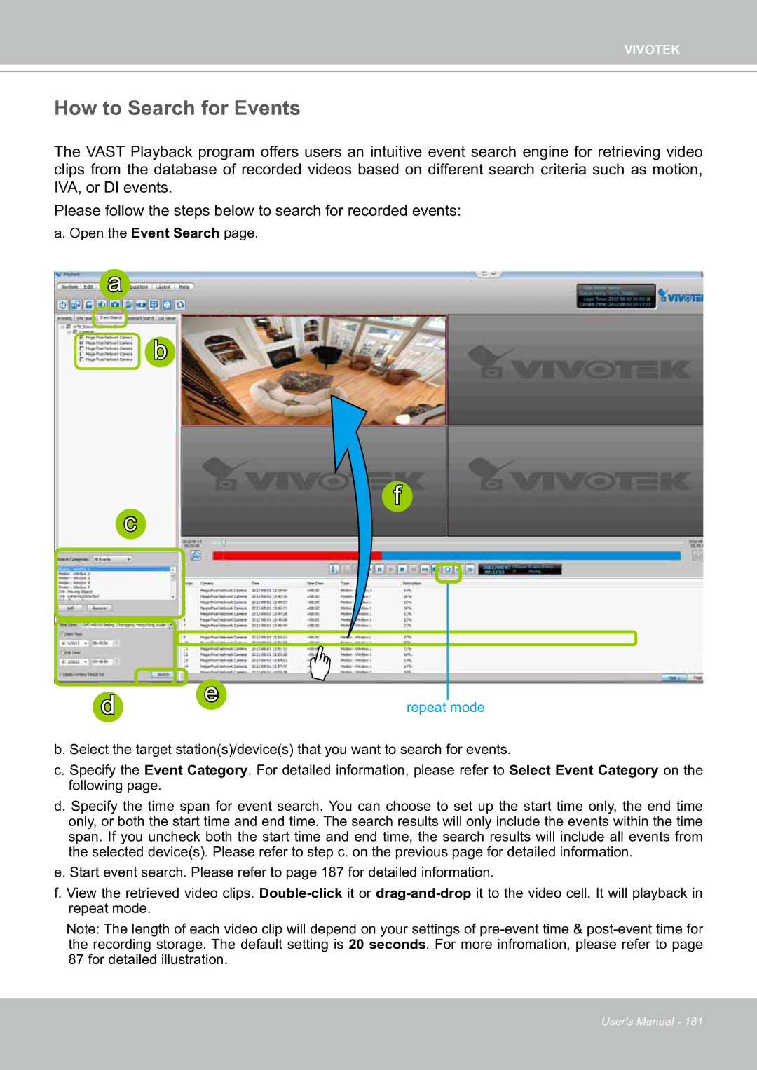 Vivotek ND8301 user manual How to Search for Events, Repeat mode 