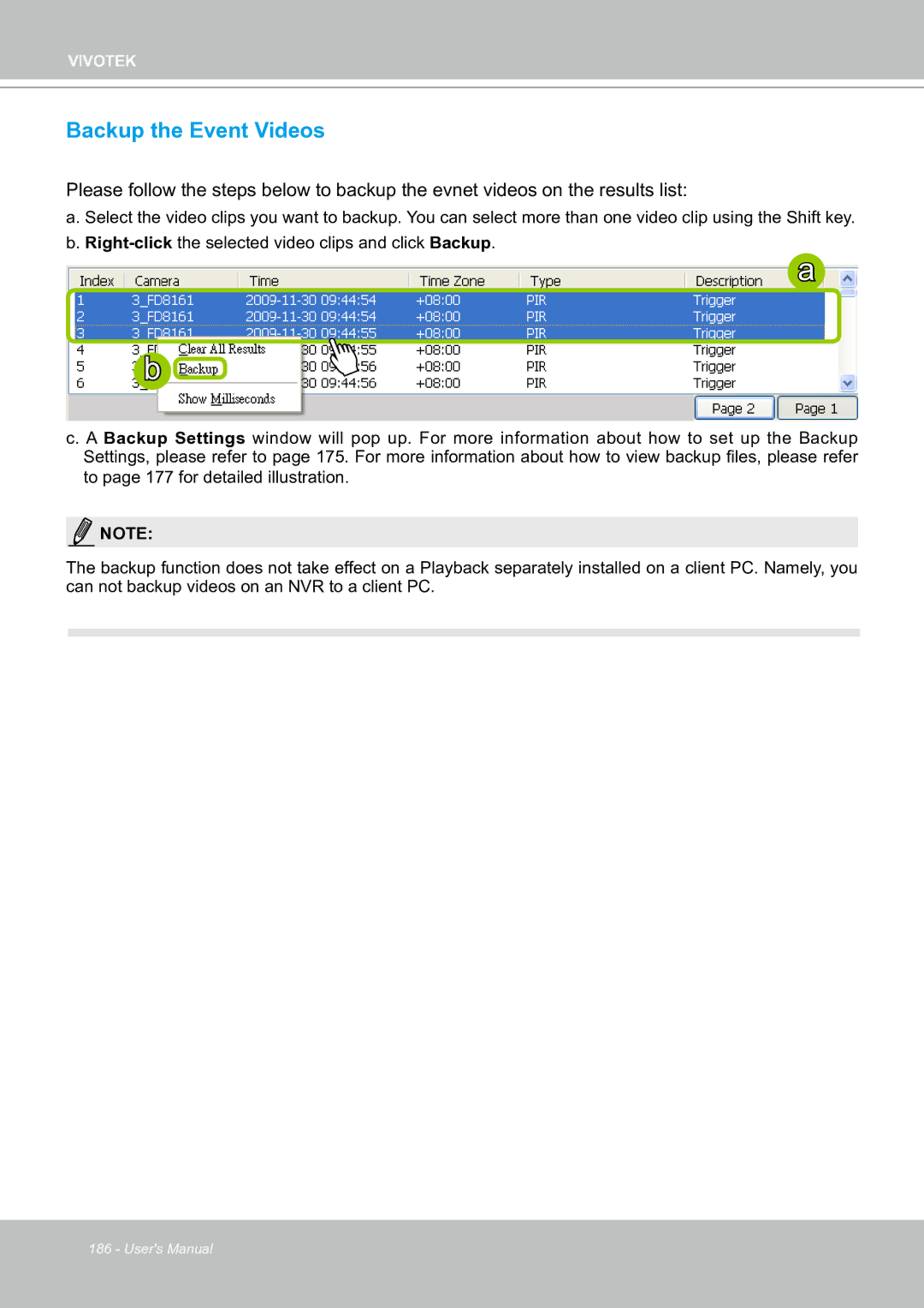 Vivotek ND8301 user manual Backup the Event Videos 