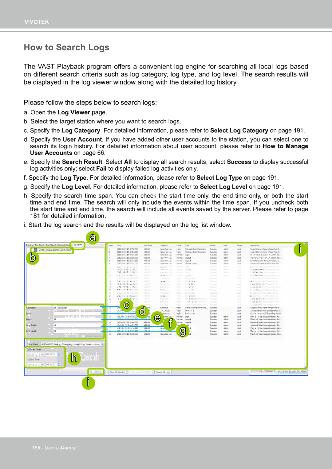 Vivotek ND8301 user manual E f g, How to Search Logs 