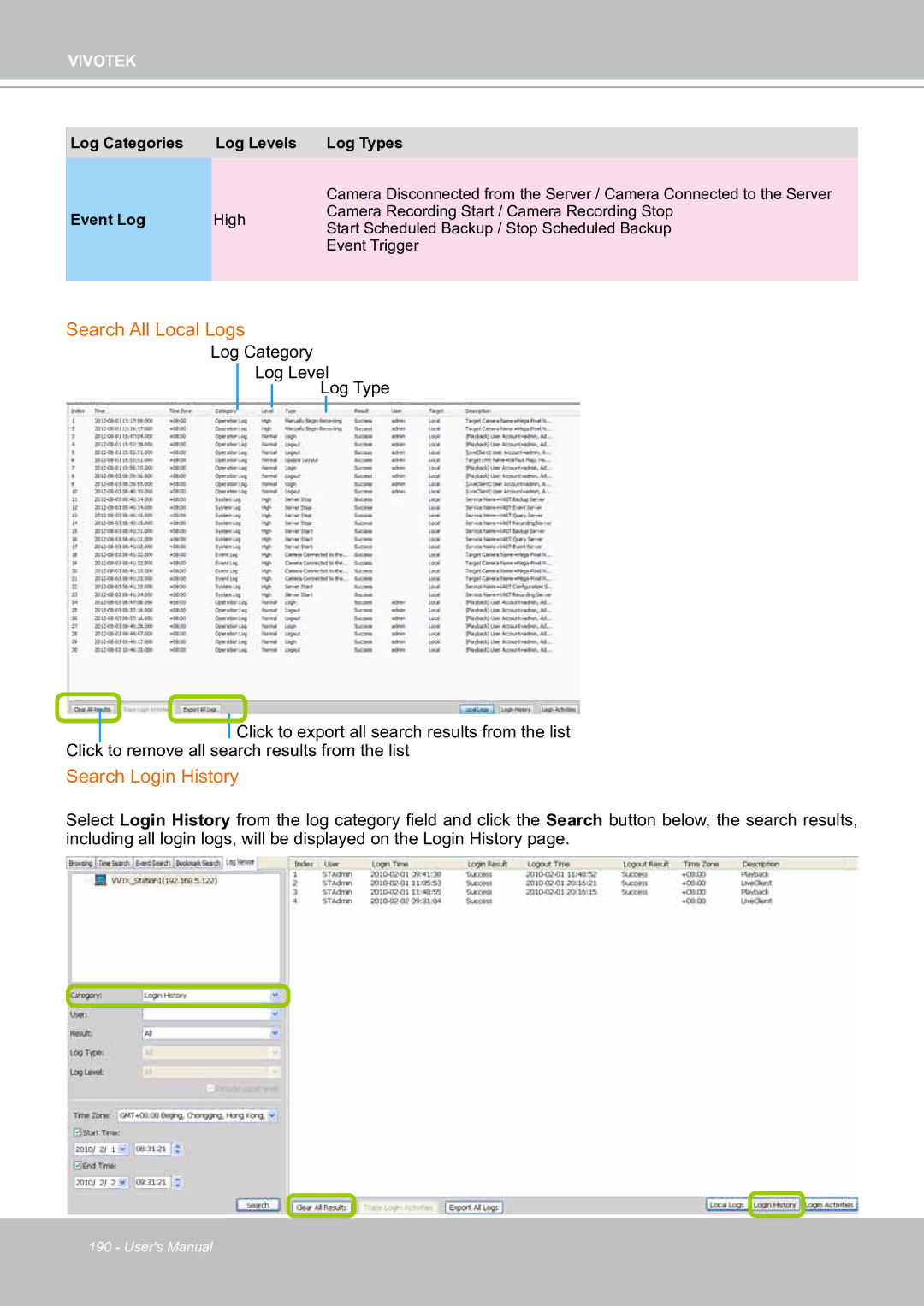 Vivotek ND8301 user manual Search All Local Logs, Search Login History 