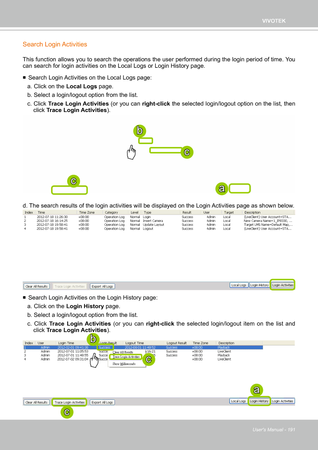 Vivotek ND8301 user manual Search Login Activities, Click Trace Login Activities 